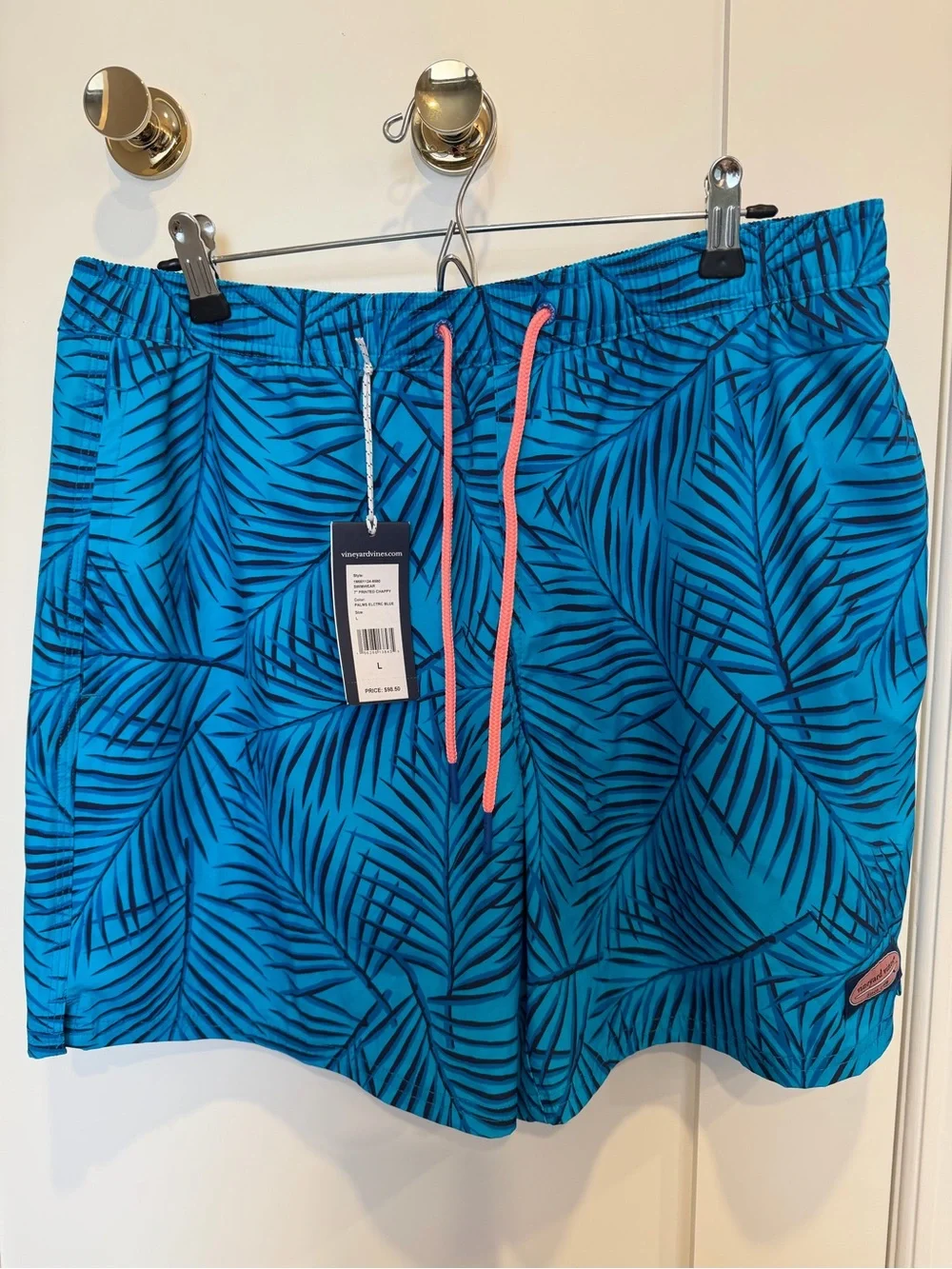 Vineyard Vines Blue Palm-Print Swim Trunks with Coral Drawstring